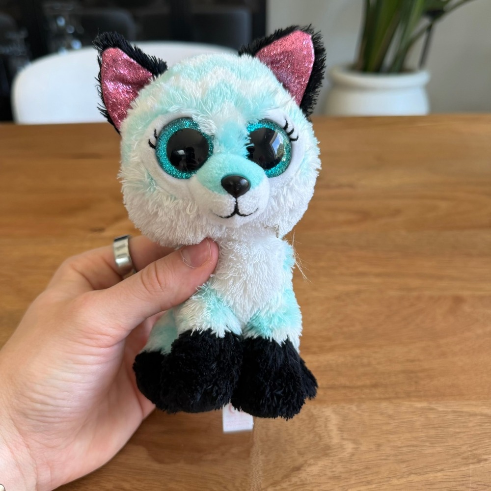 Ty Beanie Boos Atlas the Fox Aqua Chevron Blue Glitter Eyes Plush Toy Small 6"